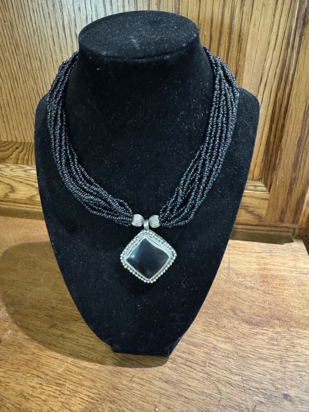 Vintage Multi-Strand Black Beaded Necklace with Silver Faux Onyx Pendant